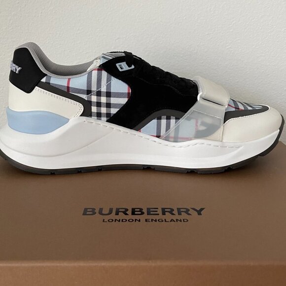BURBERRY Men's Ramsey Blue Check Low-Top leather, suede, cloth Trainer Sneakers - Picture 12 of 15
